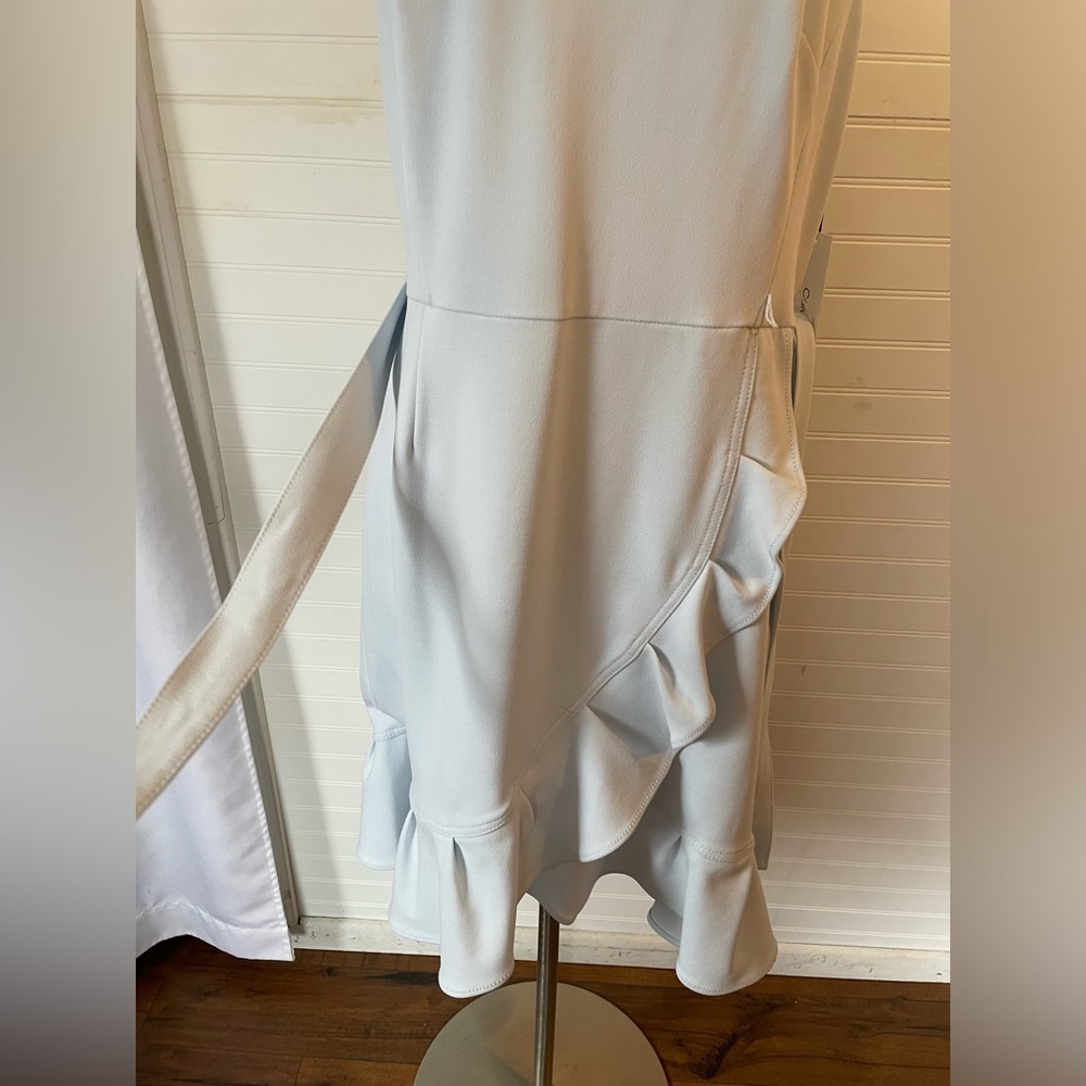 Calvin Klein Light Blue Crepe Ruffle Tulip Hem Faux Wrap Dress NWT Size 10 - Picture 8 of 13